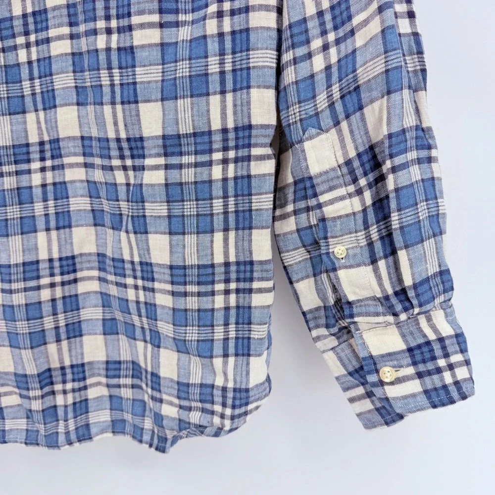 J Crew Slim Fit Blue Plaid Linen Button Down Shirt XL F0850